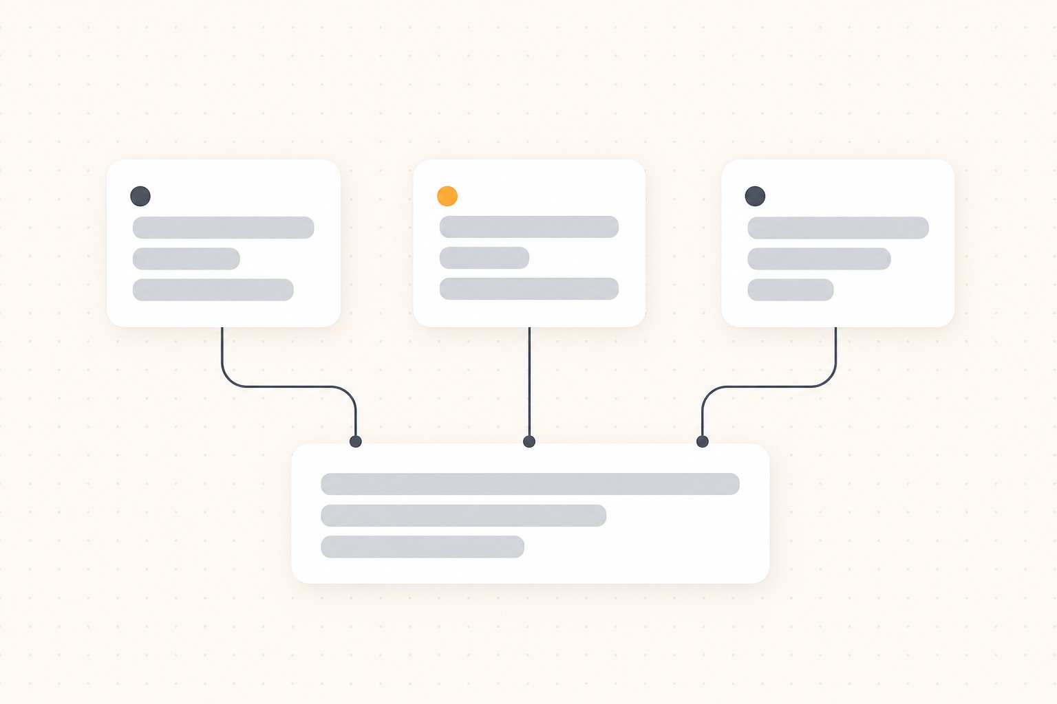 Three separate session cards, each joined by a thin line to one shared repository card