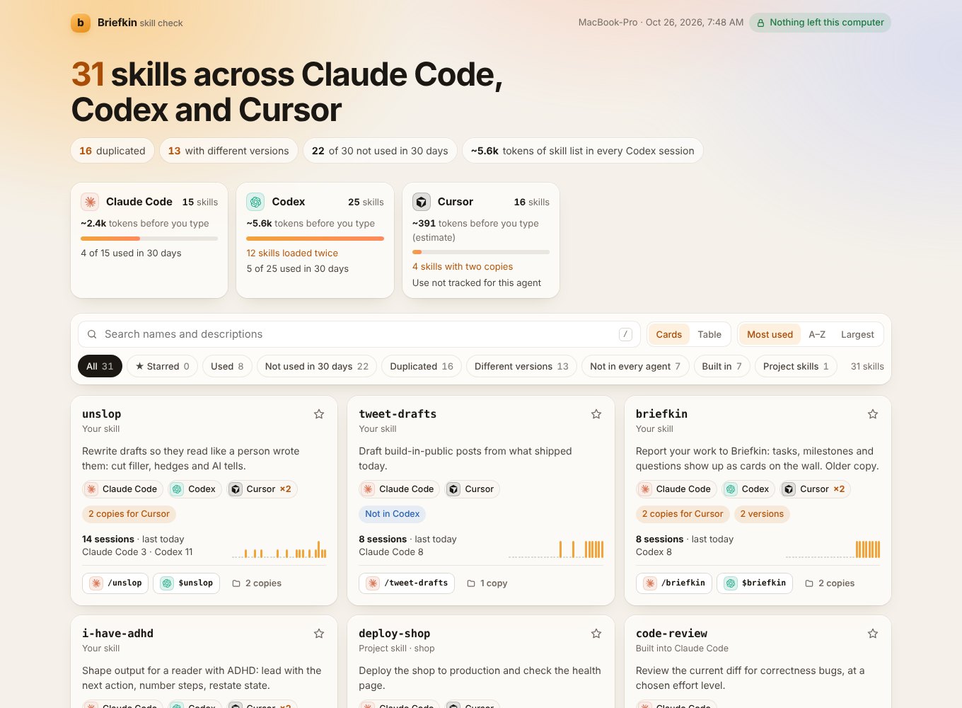 The skill check page: 31 skills across Claude Code, Codex and Cursor, 16 duplicated, with a card per skill